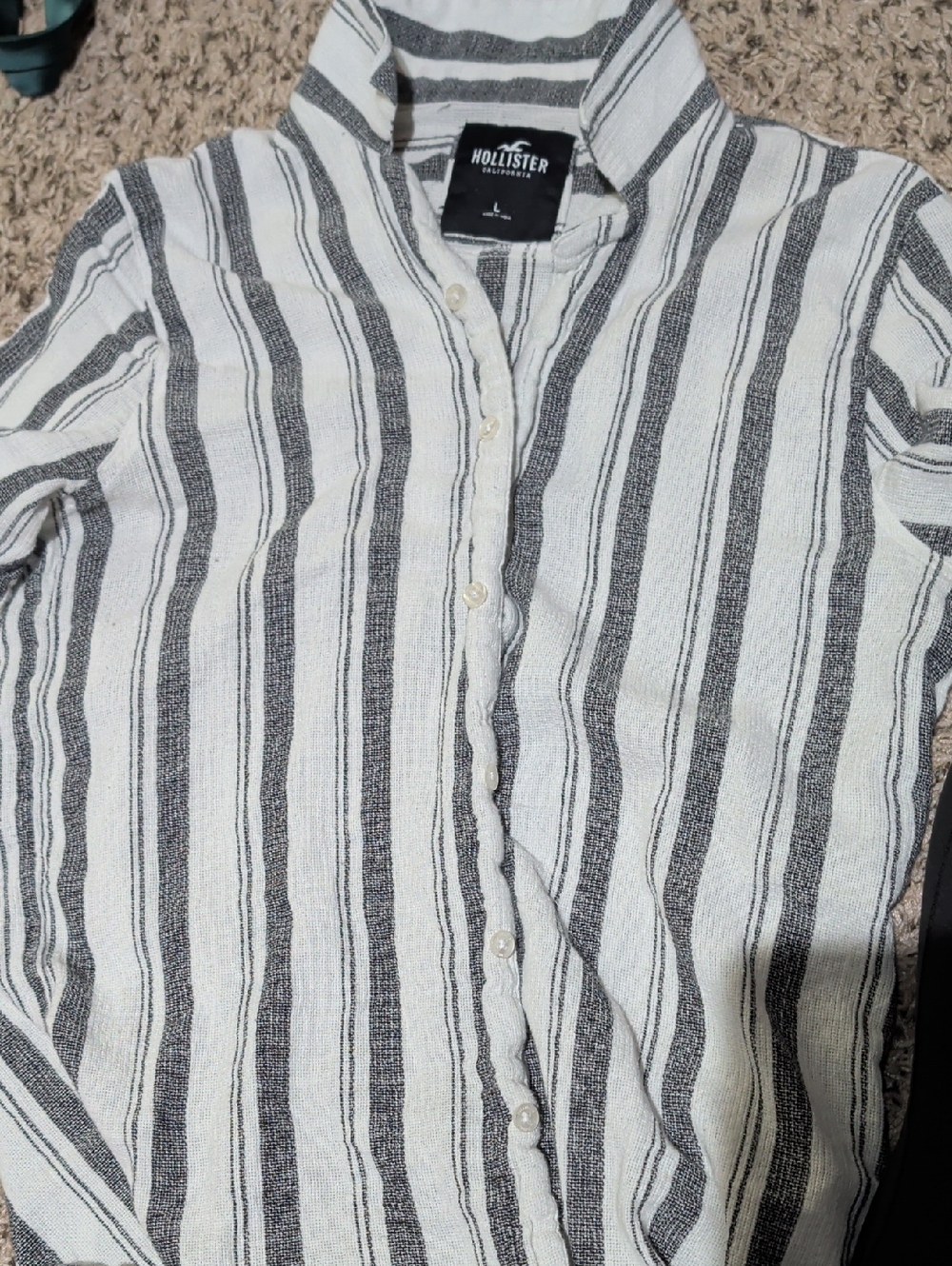 Hollister Men's Casual Button-Down Shirt White with Black Stripes